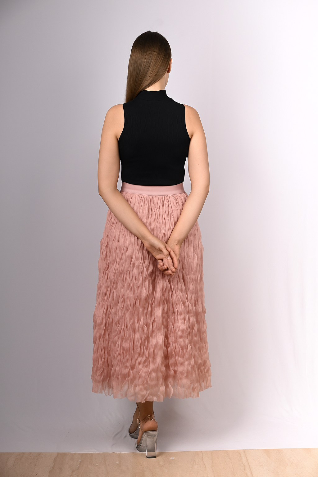 Crinkle Pleated Midi Skirt