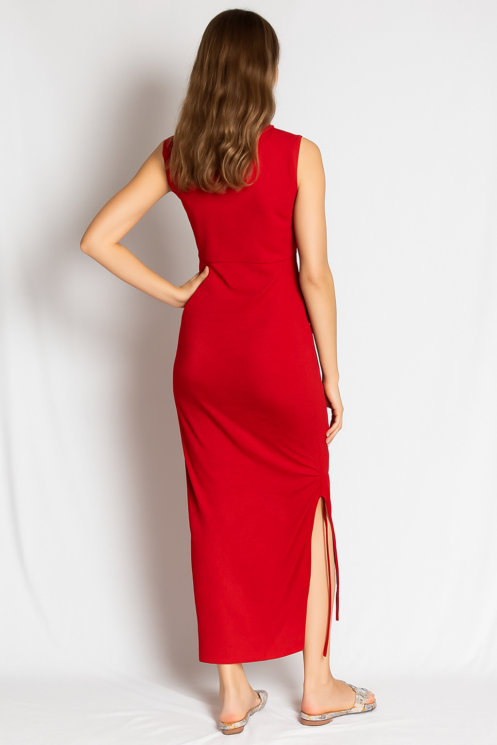 Ruched Cut-Out Midi Bodycon Dress with sheen