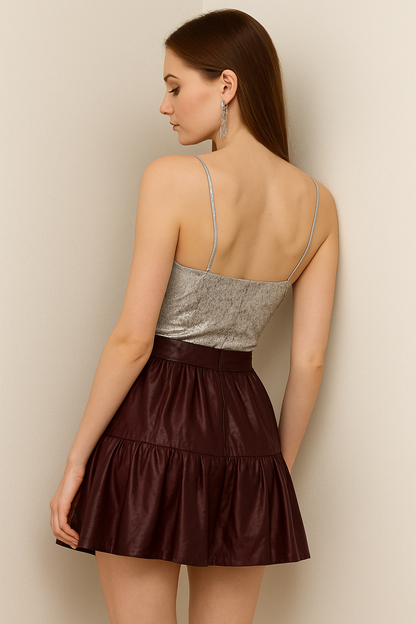 Shimmery Silver Corset Top with Tiered Faux Leather Mini Skirt Dress