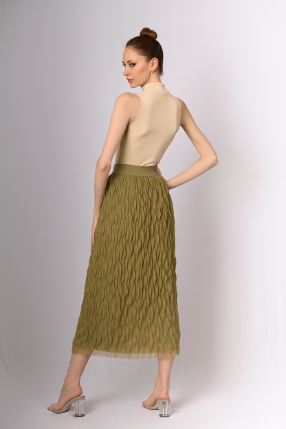 Crinkle Pleated Midi Skirt
