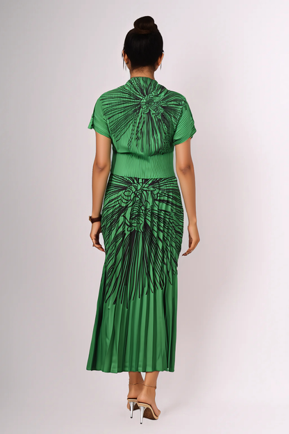 Emerald Green Printed Pleated Midi Dress