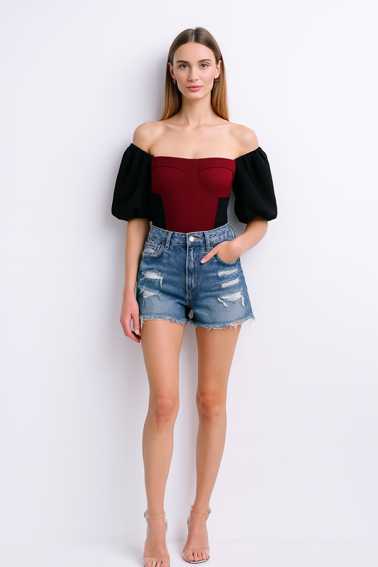 Off-Shoulder Contrast Puff Sleeve Crop Top