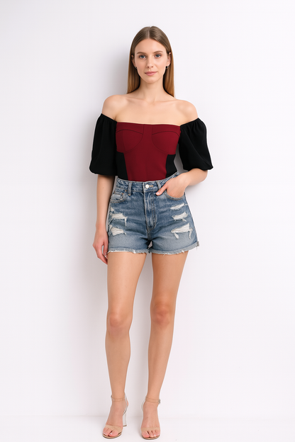 Off-Shoulder Contrast Puff Sleeve Crop Top