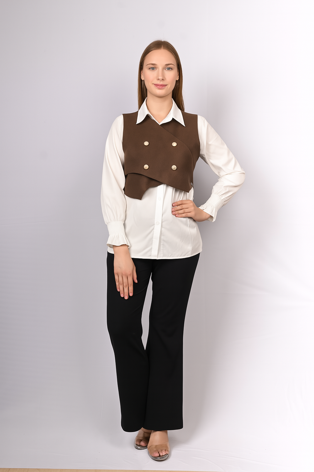 Layered White Shirt with Buttoned Cropped Jacket