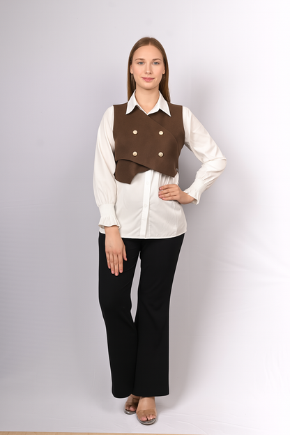 Layered White Shirt with Buttoned Cropped Jacket