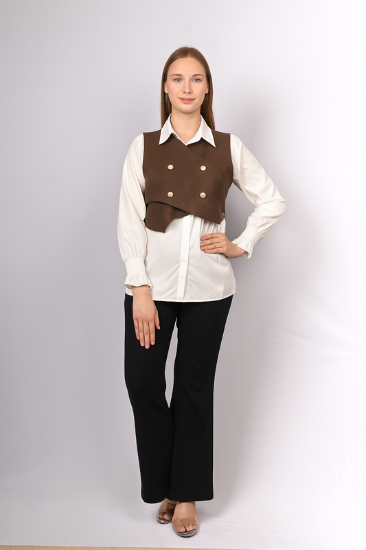 Layered White Shirt with Buttoned Cropped Jacket