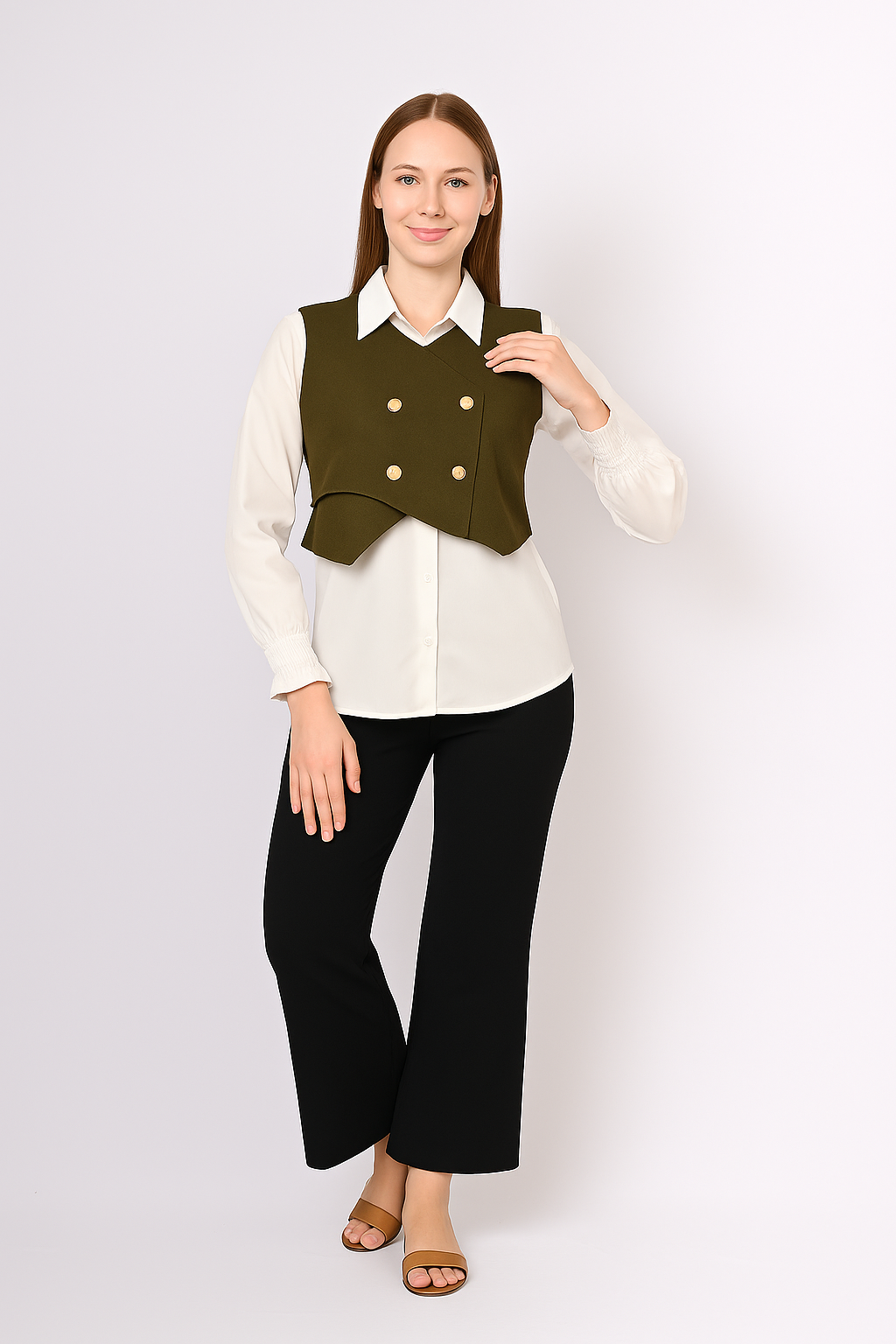 Layered White Shirt with Buttoned Cropped Jacket