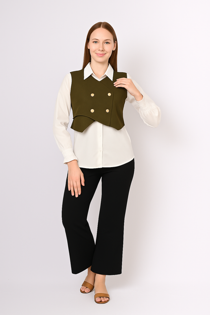 Layered White Shirt with Buttoned Cropped Jacket