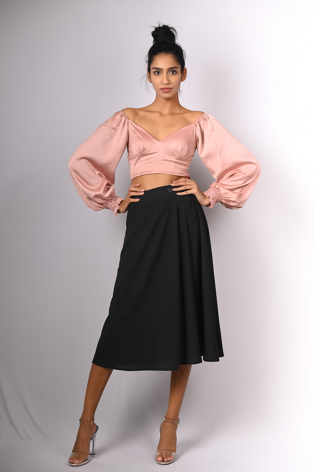 Satin Balloon Sleeve Crop Top