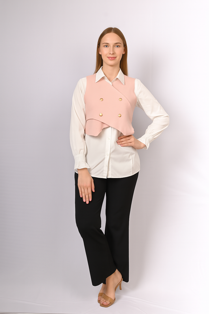 Layered White Shirt with Buttoned Cropped Jacket