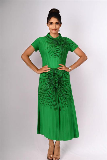 Emerald Green Printed Pleated Midi Dress