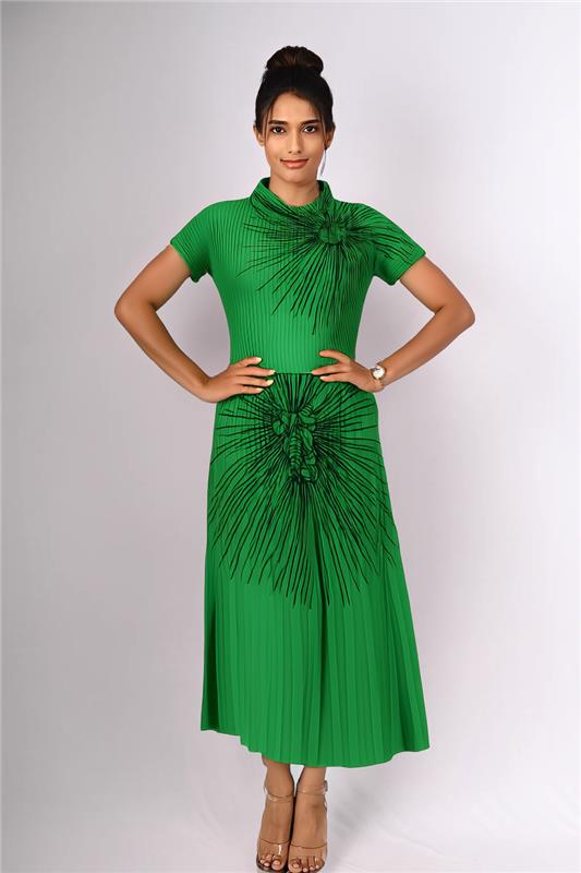 Emerald Green Printed Pleated Midi Dress