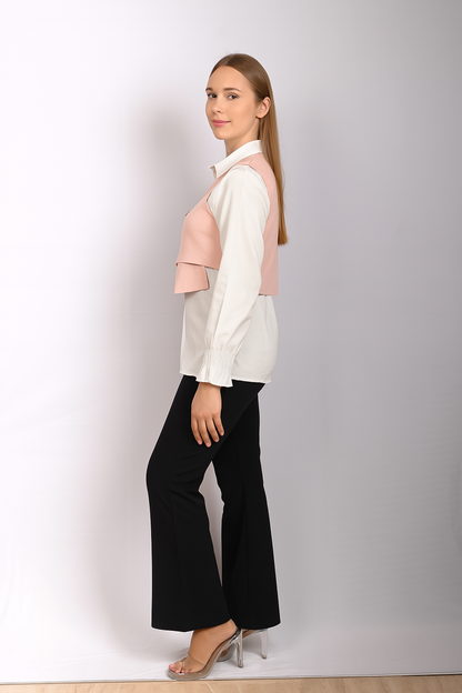 Layered White Shirt with Buttoned Cropped Jacket