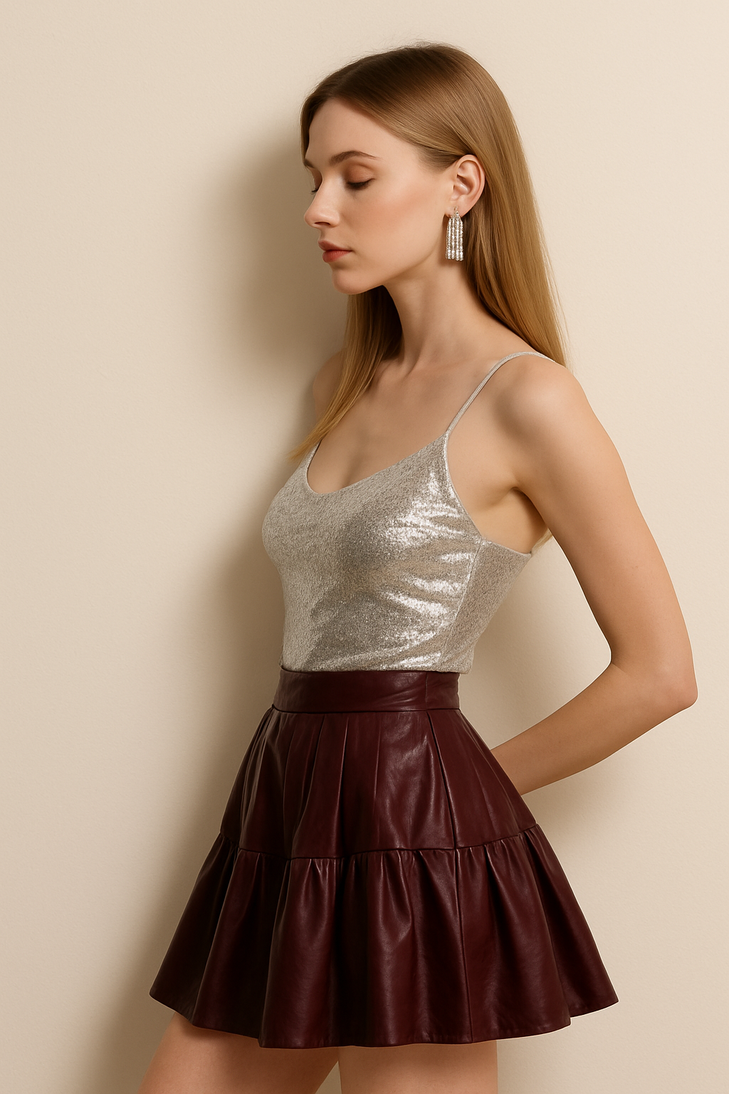Shimmery Silver Corset Top with Tiered Faux Leather Mini Skirt Dress
