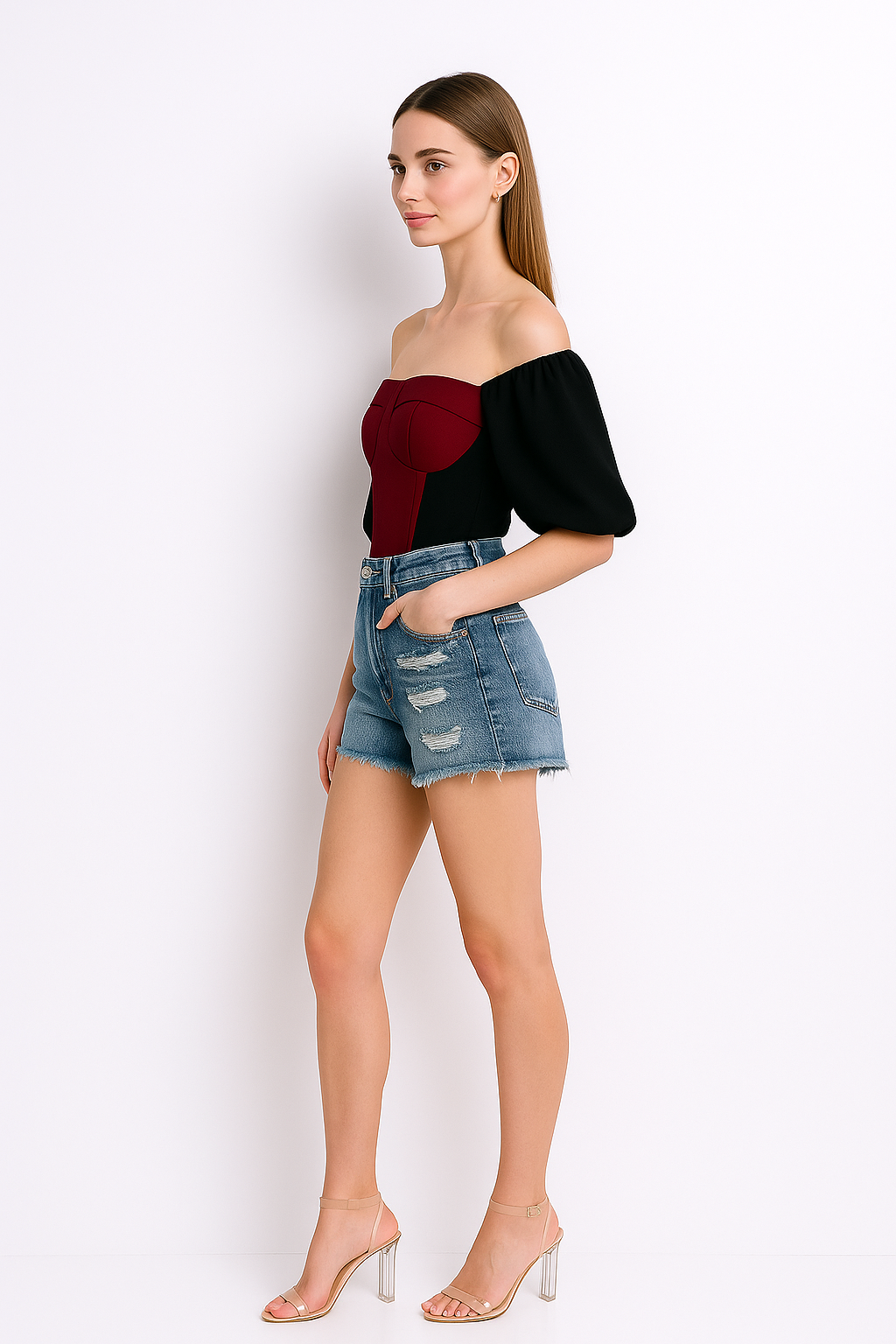 Off-Shoulder Contrast Puff Sleeve Crop Top