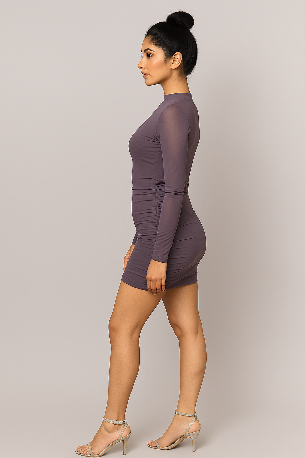 Smoky Mauve Mesh Ruched Bodycon Dress