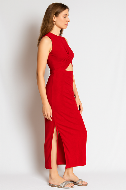 Ruched Cut-Out Midi Bodycon Dress with sheen