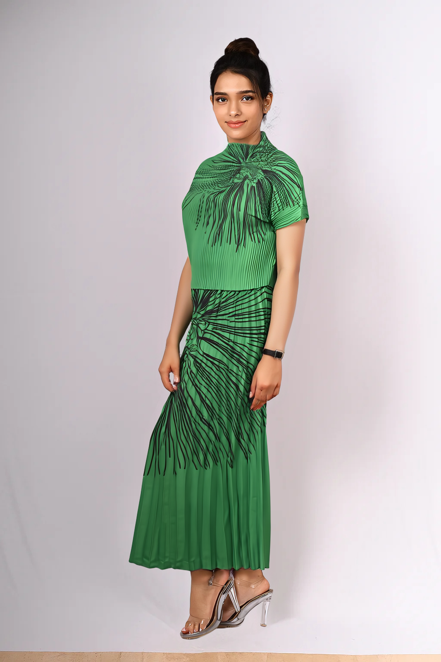 Emerald Green Printed Pleated Midi Dress