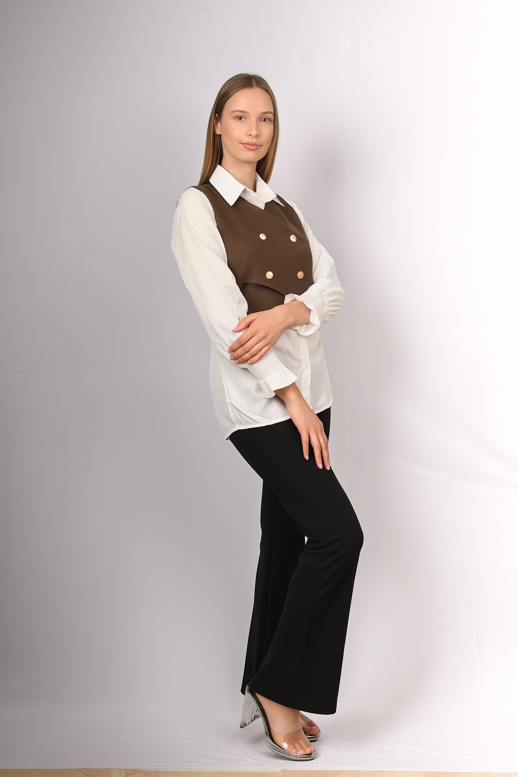 Layered White Shirt with Buttoned Cropped Jacket