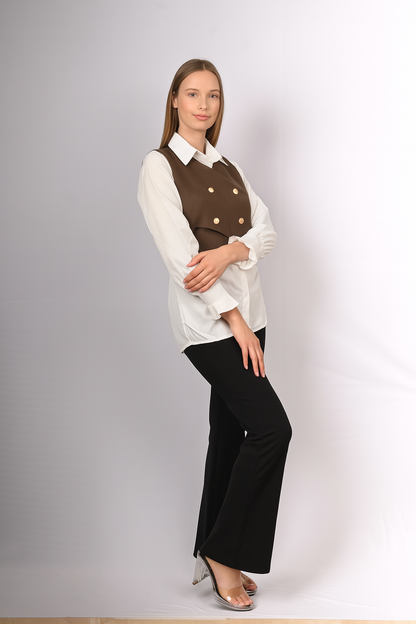 Layered White Shirt with Buttoned Cropped Jacket