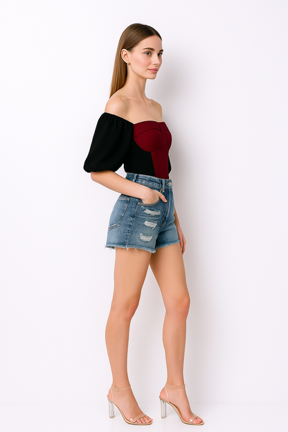 Off-Shoulder Contrast Puff Sleeve Crop Top