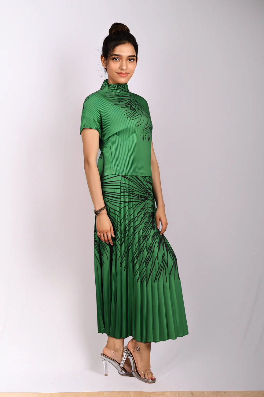 Emerald Green Printed Pleated Midi Dress