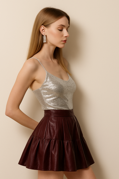 Shimmery Silver Corset Top with Tiered Faux Leather Mini Skirt Dress